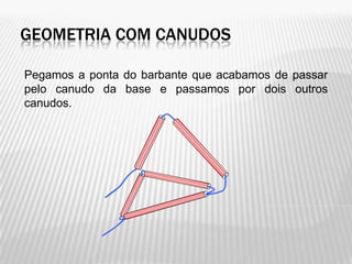 GEOMETRIA COM CANUDOS

Pegamos a ponta do barbante que acabamos de passar
pelo canudo da base e passamos por dois outros
canudos.
 