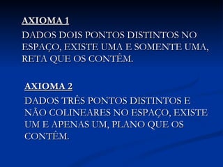 AXIOMA 1
DADOS DOIS PONTOS DISTINTOS NO
ESPAÇO, EXISTE UMA E SOMENTE UMA,
RETA QUE OS CONTÊM.

AXIOMA 2
DADOS TRÊS PONTOS DISTINTOS E
NÃO COLINEARES NO ESPAÇO, EXISTE
UM E APENAS UM, PLANO QUE OS
CONTÊM.
 