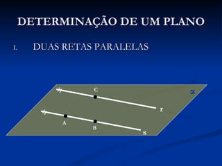 DETERMINAÇÃO DE UM PLANO

I.   DUAS RETAS PARALELAS



               C                α
                            r
          A
               B
                       s
 