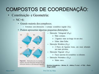 COMPOSTOS DE COORDENAÇÃO:
• Constituição e Geometria:
– NC=6:
• Grande maioria dos complexos.
– Estrutura sem distorções  arranjo octaédrico regular (Oh)
• Podem apresentar algumas pequenas distorções:
– Distorção Tetragonal (D4h):
» Mais comuns.
» 2 ligantes trans ao longo de um eixo.
» Efeito Jahn-Teller.
– Distorção Rômbica (D2h):
» 2 Pares de ligantes trans, um mais afastado
um mais próximo.
– Distorção Trigonal: (D3d):
» Faces opostas do octaédrico se afastam.
– Distorção Prismática (D3h):
» Muito raros.
Química Inorgânica – Shriver, D. , Atkins, P. et al. – 4ª Ed. – Porto
Alegre (2008)
Março/2010 11Prof. Dr.Ary Maia
 