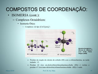 COMPOSTOS DE COORDENAÇÃO:
• ISOMERIA (cont.):
– Complexos Octaédricos:
• Isomeria Ótica:
– Complexos do tipo [CoCl2(en)2]+:
» Produto da reação do cloreto de cobalto (III) com a etilenodiamina, na razão
molarde 1:2.
» Produto 66 (íon cis-diclorobis(etilenodiaminocobalto (III)) é violeta o
produto 67 (íon trans-diclorobis(etilenodiaminocobalto (III)) é verde.
Março/2010 19Prof. Dr.Ary Maia
Química Inorgânica –
Shriver, D. , Atkins, P.
et al. – 4ª Ed. – Porto
Alegre (2008)
 