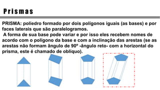 P r i s m a s
PRISMA: poliedro formado por dois polígonos iguais (as bases) e por
faces laterais que são paralelogramos.
A forma de sua base pode variar e por isso eles recebem nomes de
acordo com o polígono da base e com a inclinação das arestas (se as
arestas não formam ângulo de 90º -ângulo reto- com a horizontal do
prisma, este é chamado de oblíquo).
 