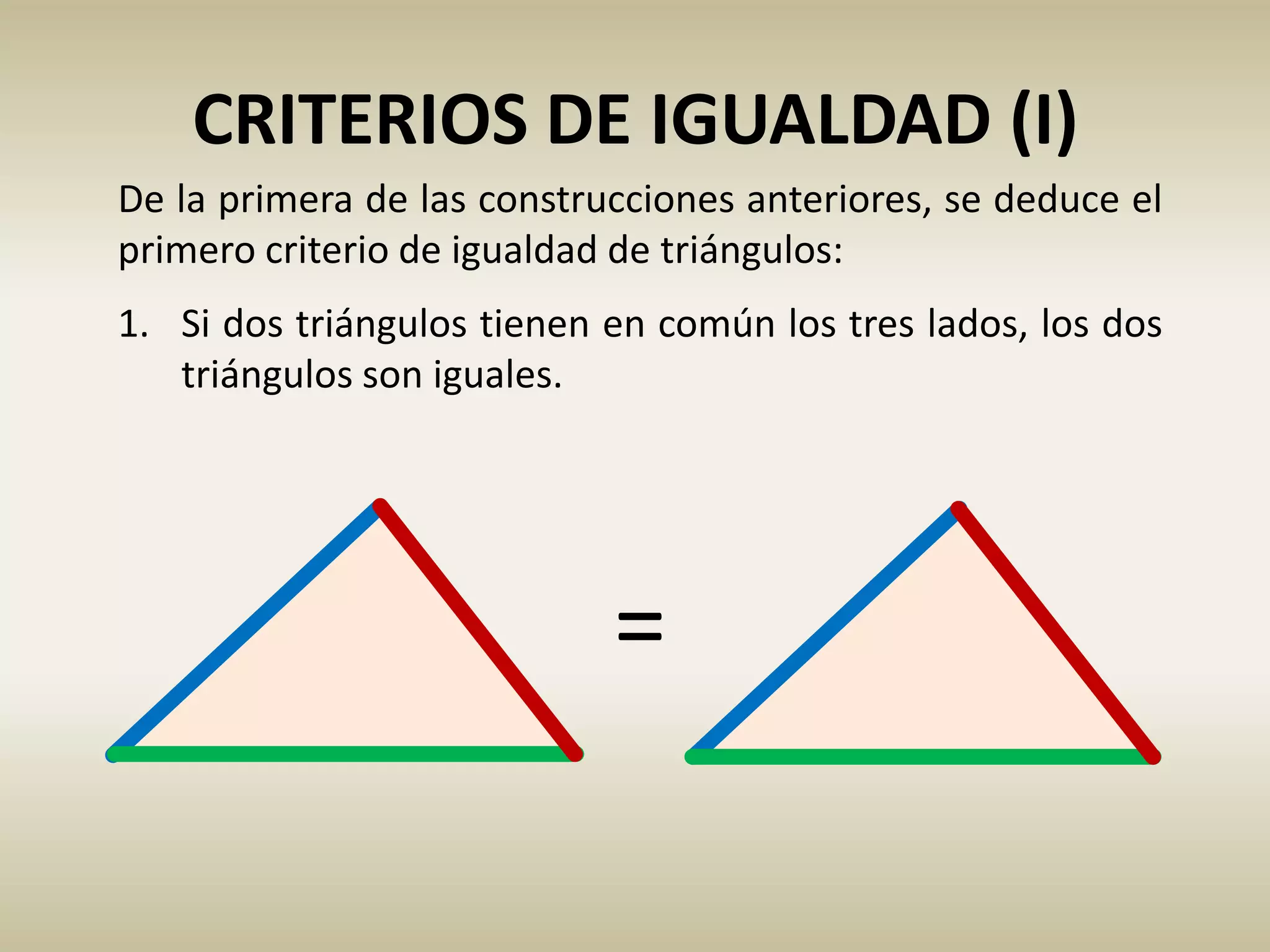 CRITERIOS DE IGUALDAD (I)
1. Si dos triángulos tienen en común los tres lados, los dos
triángulos son iguales.
De la primera de las construcciones anteriores, se deduce el
primero criterio de igualdad de triángulos:
 