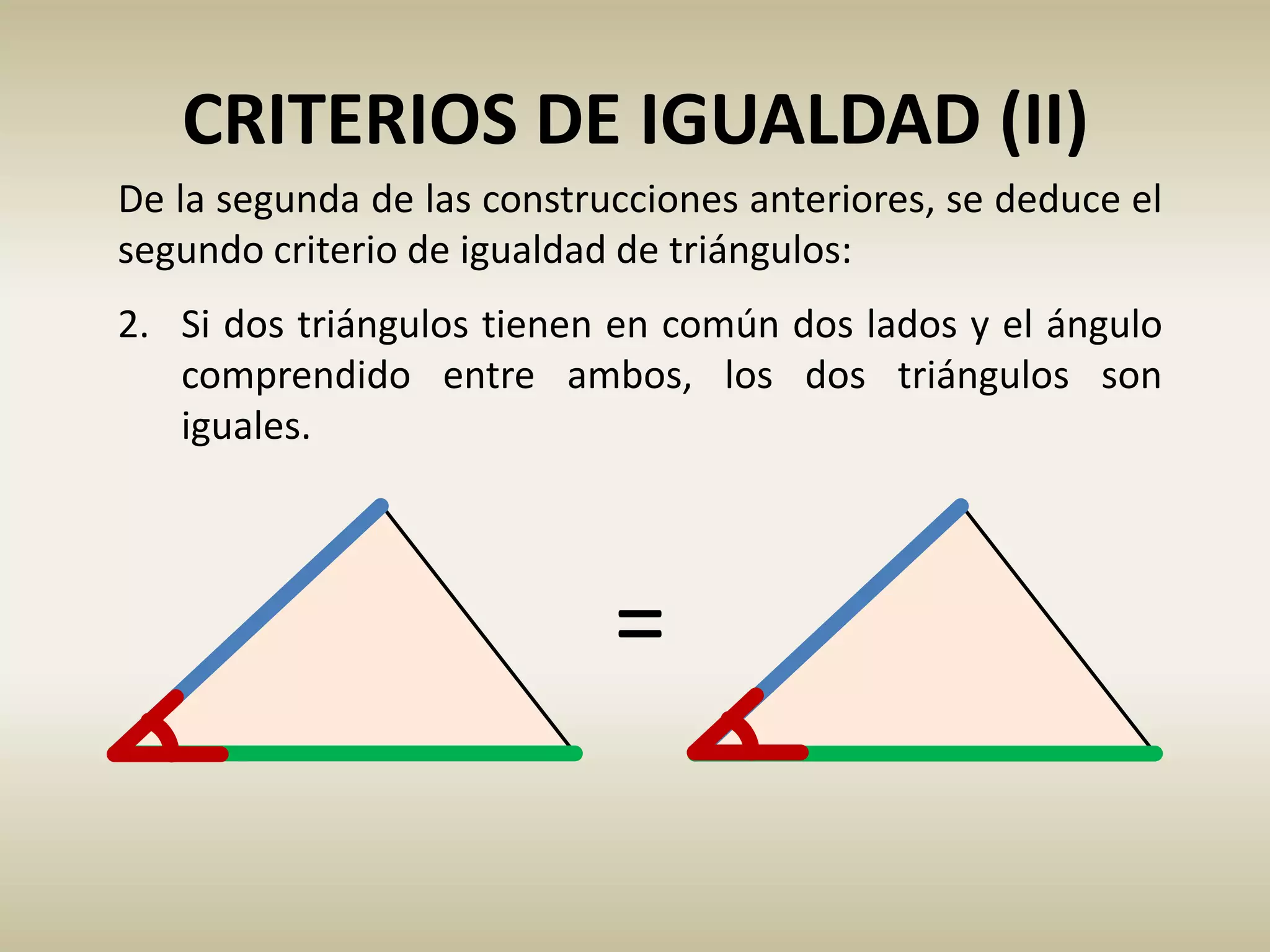 CRITERIOS DE IGUALDAD (II)
2. Si dos triángulos tienen en común dos lados y el ángulo
comprendido entre ambos, los dos triángulos son
iguales.
De la segunda de las construcciones anteriores, se deduce el
segundo criterio de igualdad de triángulos:
 
