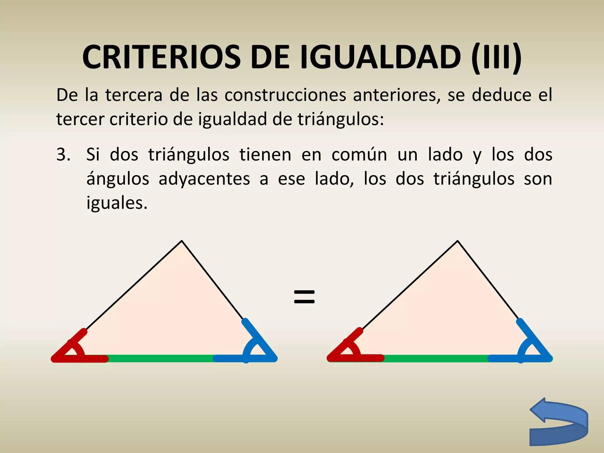 CRITERIOS DE IGUALDAD (III)
3. Si dos triángulos tienen en común un lado y los dos
ángulos adyacentes a ese lado, los dos triángulos son
iguales.
De la tercera de las construcciones anteriores, se deduce el
tercer criterio de igualdad de triángulos:
 