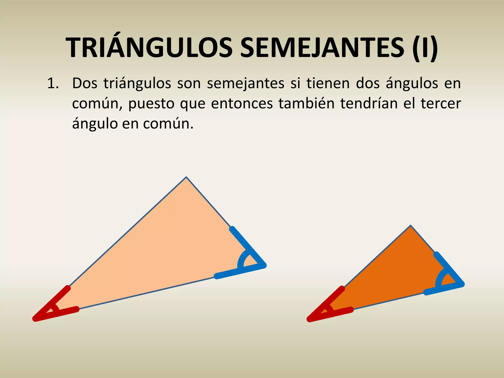TRIÁNGULOS SEMEJANTES (I)
1. Dos triángulos son semejantes si tienen dos ángulos en
común, puesto que entonces también tendrían el tercer
ángulo en común.
 