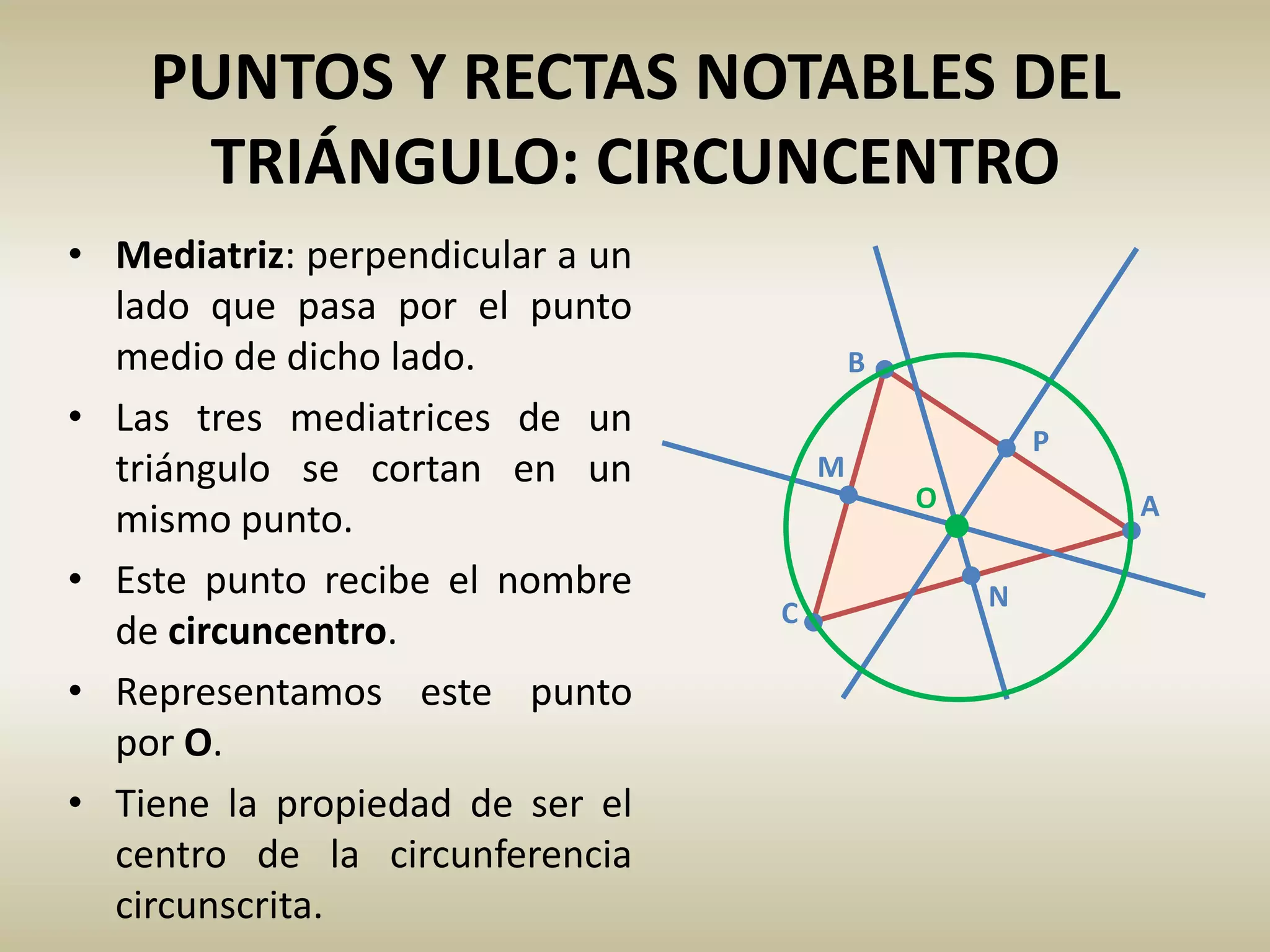 PUNTOS Y RECTAS NOTABLES DEL
TRIÁNGULO: CIRCUNCENTRO
• Mediatriz: perpendicular a un
lado que pasa por el punto
medio de dicho lado.
• Las tres mediatrices de un
triángulo se cortan en un
mismo punto.
• Este punto recibe el nombre
de circuncentro.
• Representamos este punto
por O.
• Tiene la propiedad de ser el
centro de la circunferencia
circunscrita.
C
A
B
O
P
N
M
 