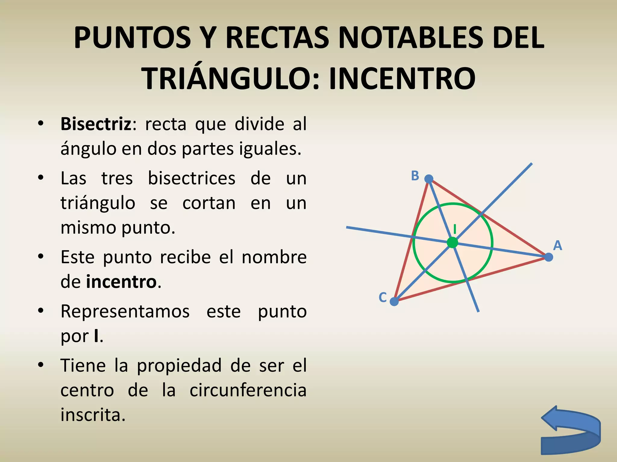 PUNTOS Y RECTAS NOTABLES DEL
TRIÁNGULO: INCENTRO
• Bisectriz: recta que divide al
ángulo en dos partes iguales.
• Las tres bisectrices de un
triángulo se cortan en un
mismo punto.
• Este punto recibe el nombre
de incentro.
• Representamos este punto
por I.
• Tiene la propiedad de ser el
centro de la circunferencia
inscrita.
C
A
B
I
 