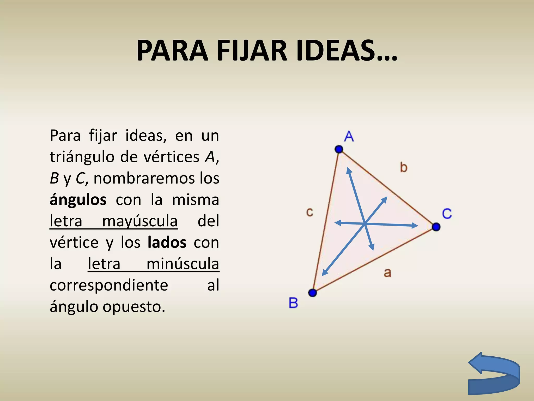 PARA FIJAR IDEAS…
Para fijar ideas, en un
triángulo de vértices A,
B y C, nombraremos los
ángulos con la misma
letra mayúscula del
vértice y los lados con
la letra minúscula
correspondiente al
vértice opuesto.
 