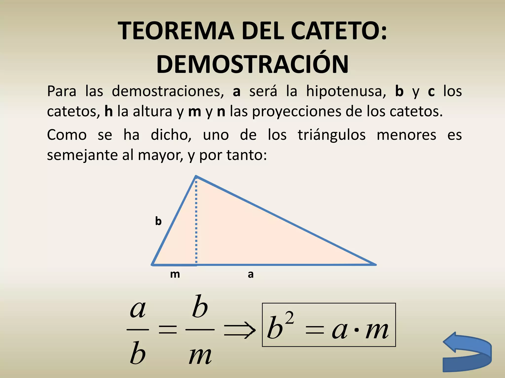 b
m
TEOREMA DEL CATETO:
DEMOSTRACIÓN
Como se ha dicho, uno de los triángulos menores es
semejante al mayor, y por tanto:

m
b
b
a
mab 2
a
b
Para las demostraciones, a será la hipotenusa, b y c los
catetos, h la altura y m y n las proyecciones de los catetos.
 