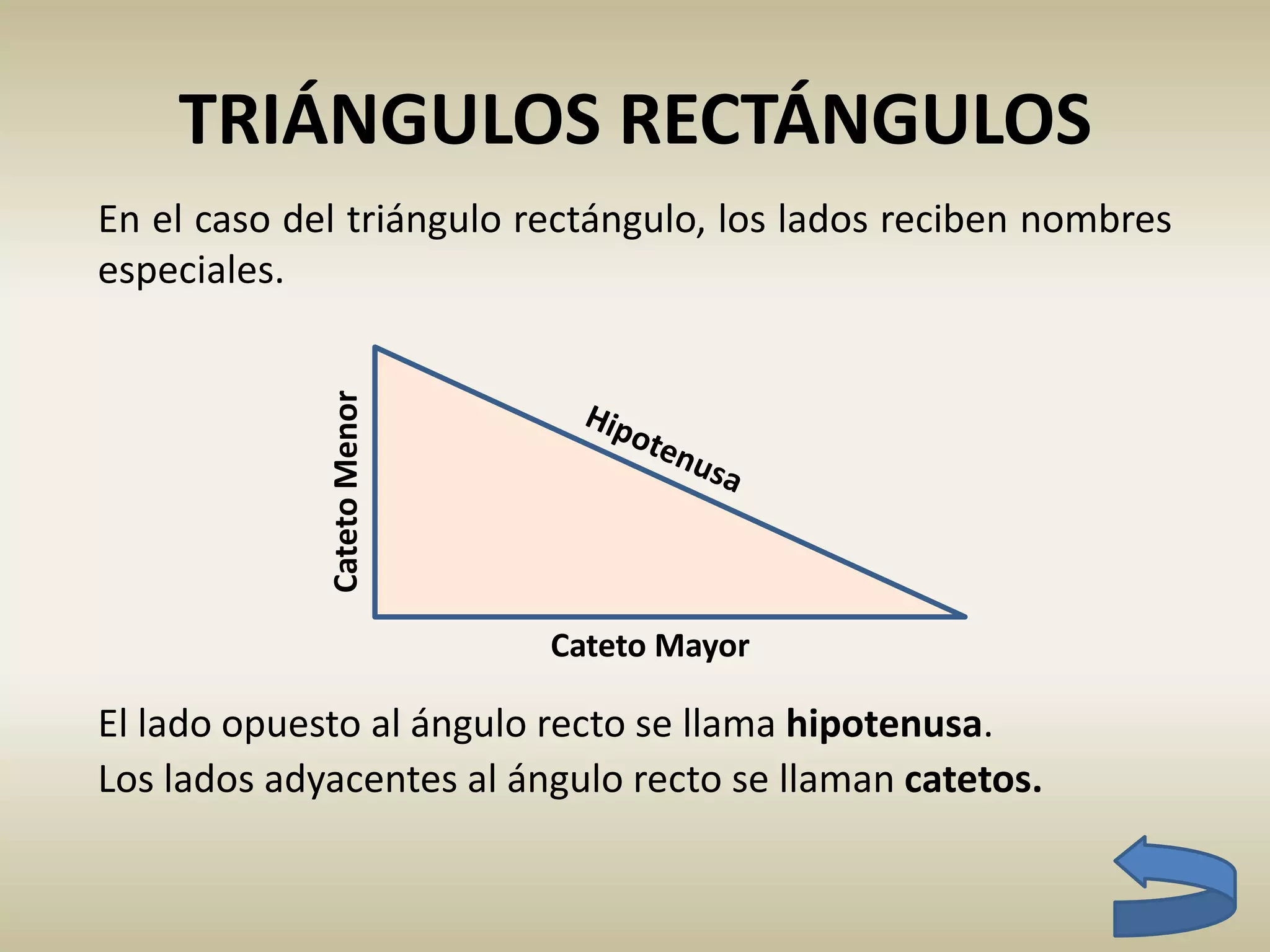 TRIÁNGULOS RECTÁNGULOS
En el caso del triángulo rectángulo, los lados reciben nombres
especiales.
El lado opuesto al ángulo recto se llama hipotenusa.
Cateto Mayor
CatetoMenor
Los lados adyacentes al ángulo recto se llaman catetos.
 