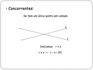 • Concorrentes:
Se tem um único ponto em comum.
r
s
Indicamos: r x s
r x s ↔ r s = {P}∩
 