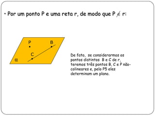 • Por um ponto P e uma reta r, de modo que P r:
α
P B
C De fato, se considerarmos os
pontos distintos B e C de r,
teremos três pontos B, C e P não-
colineares e, pelo P5 eles
determinam um plano.
 