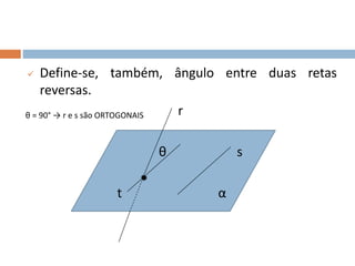  Define-se, também, ângulo entre duas retas
reversas.
r
θ s
t α
θ = 90° → r e s são ORTOGONAIS
 