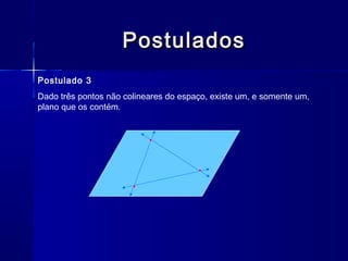 PostuladosPostulados
Postulado 3
Dado três pontos não colineares do espaço, existe um, e somente um,
plano que os contém.
 
