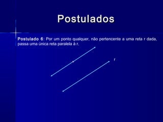 PostuladosPostulados
Postulado 6: Por um ponto qualquer, não pertencente a uma reta r dada,
passa uma única reta paralela à r.
r
 