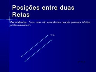 Posições entre duasPosições entre duas
RetasRetas
Coincidentes: Duas retas são coincidentes quando possuem infinitos
pontos em comum.
r = s
sr =
 
