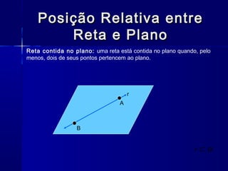 Posição Relativa entrePosição Relativa entre
Reta e PlanoReta e Plano
Reta contida no plano: uma reta está contida no plano quando, pelo
menos, dois de seus pontos pertencem ao plano.
r
A
B
α⊂r
 