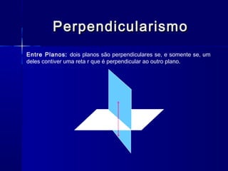 PerpendicularismoPerpendicularismo
Entre Planos: dois planos são perpendiculares se, e somente se, um
deles contiver uma reta r que é perpendicular ao outro plano.
 