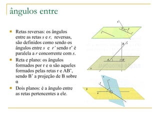 ângulos entre Retas reversas: os ângulos entre as retas  s  e  r,  reversas, são definidos como sendo os ângulos entre  s  e  r’  sendo r’ é   paralela a  r  concorrente com  s . Reta e plano: os ângulos formados por r e α são aqueles formados pelas retas r e AB’, sendo B’ a projeção de B sobre α Dois planos: é a ângulo entre as retas pertencentes a ele. 