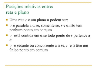 Posições relativas entre: reta e plano Uma reta  r  e um plano α podem ser: r  é paralela a α se, somente se,  r  e α não tem nenhum ponto em comum r  está contida em α se todo ponto de  r  pertence a α r  é secante ou concorrente a α se,  r  e α têm um único ponto em comum 