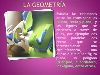 Estudia las relaciones entre los entes sencillos  (punto, recta y plano) , y las figuras que se obtienen a través de ellos, por ejemplo: dos rectas paralelas, dos rectas que se interseccionan, una circunferencia, una elipse o cualquier figura plana, un polígono  (triángulo,  cuadrilátero,  hexágono, entre otros) . 