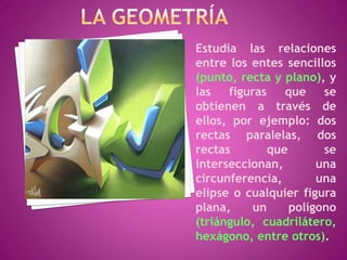 Estudia las relaciones
entre los entes sencillos
(punto, recta y plano), y
las   figuras    que    se
obtienen a través de
ellos, por ejemplo: dos
rectas paralelas, dos
rectas        que       se
interseccionan,        una
circunferencia,        una
elipse o cualquier figura
plana,    un      polígono
(triángulo, cuadrilátero,
hexágono, entre otros).
 