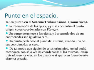Punto en el espacio.
B. Un punto en el Sistema Tridimensional (Isométrico).
La intersección de los ejes x, y y z se encuentra el punto
origen cuyas coordenadas son P(0,0,0).
Un punto pertenece a los ejes x, y ó z cuando dos de sus
coordenadas son iguales a cero.
Un punto pertenece al plano del sistema, cuando una de
sus coordenadas es cero.
 De tal modo que siguiendo estos principios, usted podrá
reconocer, con solo ver las coordenadas si los mismos, están
ubicados en los ejes, en los planos o si aparecen fuera de este
sistema espacial.

 