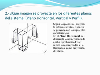 2.- ¿Qué imagen se proyecta en los diferentes planos
del sistema. (Plano Horizontal, Vertical y Perfil).
Según los planos del sistema,
la diferentes vistas, el objeto
se proyecta con las siguientes
características:
En el Plano Horizontal, se
desarrolla las dimensiones de
ancho y profundidad y se
utiliza las coordenadas x , y.
llamándola como proyección
de planta.

 