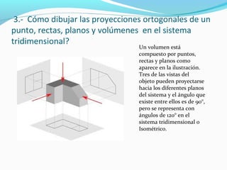 3.- Cómo dibujar las proyecciones ortogonales de un
punto, rectas, planos y volúmenes en el sistema
tridimensional?
Un volumen está
compuesto por puntos,
rectas y planos como
aparece en la ilustración.
Tres de las vistas del
objeto pueden proyectarse
hacia los diferentes planos
del sistema y el ángulo que
existe entre ellos es de 90°,
pero se representa con
ángulos de 120° en el
sistema tridimensional o
Isométrico.

 