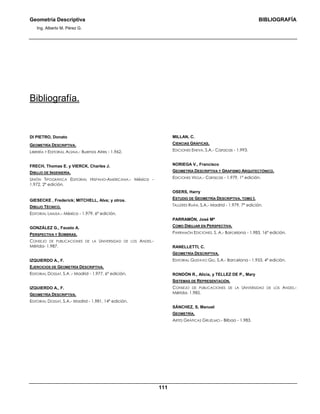 Geometría Descriptiva BIBLIOGRAFÍA
Ing. Alberto M. Pérez G.
111
Bibliografía.
DI PIETRO, Donato
GEOMETRÍA DESCRIPTIVA.
LIBRERÍA Y EDITORIAL ALSINA.- Buenos Aires - 1.962.
FRECH, Thomas E. y VIERCK, Charles J.
DIBUJO DE INGENIERÍA.
UNIÓN TIPOGRÁFICA EDITORIAL HISPANO-AMERICANA.- México -
1.972, 2ª edición.
GIESECKE , Frederick; MITCHELL, Alva; y otros.
DIBUJO TÉCNICO.
EDITORIAL LIMUSA.- México - 1.979, 6ª edición.
GONZÁLEZ G., Fausto A.
PERSPECTIVA Y SOMBRAS.
CONSEJO DE PUBLICACIONES DE LA UNIVERSIDAD DE LOS ANDES.-
Mérida- 1.987.
IZQUIERDO A., F.
EJERCICIOS DE GEOMETRÍA DESCRIPTIVA.
EDITORIAL DOSSAT, S.A .- Madrid - 1.977, 6ª edición.
IZQUIERDO A., F.
GEOMETRÍA DESCRIPTIVA.
EDITORIAL DOSSAT, S.A.- Madrid - 1.981, 14ª edición.
MILLAN, C.
CIENCIAS GRÁFICAS.
EDICIONES ENEVA, S.A.- Caracas - 1.993.
NORIEGA V., Francisco
GEOMETRÍA DESCRIPTIVA Y GRAFISMO ARQUITECTÓNICO.
EDICIONES VEGA.- Caracas - 1.979, 1ª edición.
OSERS, Harry
ESTUDIO DE GEOMETRÍA DESCRIPTIVA. TOMO I.
TALLERES RUÁN, S.A.- Madrid - 1.979, 7ª edición.
PARRAMÓN, José Mª
COMO DIBUJAR EN PERSPECTIVA.
PARRAMÓN EDICIONES, S. A.- Barcelona - 1.983, 16ª edición.
RANELLETTI, C.
GEOMETRÍA DESCRIPTIVA.
EDITORIAL GUSTAVO GILI, S.A.- Barcelona - 1.953, 4ª edición.
RONDÓN R., Alicia, y TELLEZ DE P., Mary
SISTEMAS DE REPRESENTACIÓN.
CONSEJO DE PUBLICACIONES DE LA UNIVERSIDAD DE LOS ANDES.-
Mérida- 1.985.
SÁNCHEZ, S, Manuel
GEOMETRÍA.
ARTES GRÁFICAS GRIJELMO.- Bilbao - 1.983.
 