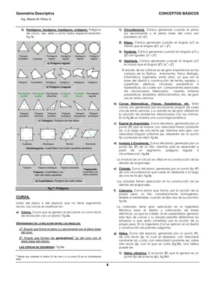 Geometría Descriptiva CONCEPTOS BÁSICOS
Ing. Alberto M. Pérez G.
4
3) Pentágono, hexágono, heptágono, octágono. Polígono
de cinco, seis, siete u ocho lados respectivamente
fig.7b.
Hexágono
regular
Octágono
regular
Heptágono
regular
Pentágono
regular
a) Polígono regular
Cuadrado
Triángulo
equilátero
Triángulo Cuadrilátero Pentágono Hexágono OctágonoHeptágono
b) Polígono irregular
γ
β
β
Triángulo
acutángulo
Triángulo
obtusángulo
Triángulo
rectángulo
Triángulo
escaleno
Triángulo
isósceles
ααα
Tres ángulos
agudos
Un ángulo
recto
Tres ángulos
diferentes
Dos ángulos
iguales
c) Triángulo. Polígono de tres lados
α
αα
Triángulo
equilátero
Tres ángulos
iguales
Un ángulo
obtuso
Paralelogramo. Cuadrilátero con lados opuestos paralelos
Rombo RomboideRectánguloCuadrado
α
a
a
a
b
b
aa
b
b
aa
a
a a
a
β
β
β
β
α
Trapezoide.
Cuadrilátero sin
lados paralelos
Trapecio. Cuadrilátero con
solo dos lados paralelos
Trapecio isóscelesTrapecio rectánguloTrapecio
aa
d) Cuadrilátero. Polígono de cuatro lados
α
α
αα
fig.7. Polígono.
CURVA.
Línea del plano o del espacio que no tiene segmentos
rectos. Las curvas se clasifican en:
a) Cónica. Curva que se genera al seccionar un cono recto
de revolución con un plano fig.8a.
DEPENDIENDO DE LA RELACIÓN ENTRE LOS ÁNGULOS:
α
o
: Ángulo que forma el plano (α) seccionante con el plano base
del cono.
β
o
: Ángulo que forman las generatrices
2
(g) del cono con el
plano base del mismo.
LAS CÓNICAS SE DENOMINAN fig.8a:
2
Rectas que contienen al vértice (V) del cono y a un punto (P) de su circunferencia
base.
1) Circunferencia. Cónica generada cuando el plano
(α) seccionante y el plano base del cono son
paralelos; (α0
=00
).
2) Elipse. Cónica generada cuando el ángulo (α0
) es
menor que el ángulo (β0
); (α0
< β0
).
3) Parábola. Cónica generada cuando los ángulos (α0
) y
(β0
) son iguales; (α0
= β0
).
4) Hipérbola. Cónica generada cuando el ángulo (α0
)
es mayor que el ángulo (β0
); (α0
> β0
).
El estudio de las cónicas es de gran importancia en los
campos de la Óptica, Astronomía, Física, Biología,
Informática, Ingeniería, entre otras, ya que son la
base del diseño y construcción de lentes, espejos, y
superficies: elípticas, circulares parabólicas e
hiperbólicas, los cuales son componentes esenciales
de: microscopios, telescopios, radares, antenas
parabólicas, teodolitos, distanciómetros, etc, de gran
uso en estas ciencias.
b) Curvas Matemáticas, Físicas, Estadísticas, etc. Estas
curvas son generadas por ecuaciones propias de cada
una de estas ciencias, y su estudio es de gran utilidad en
la solución de problemas relacionados con las mismas.
En la fig.8b se muestra una curva trigonométrica.
c) Espiral de Arquímides. Curva del plano, generada por un
punto (P) que se mueve con velocidad lineal constante
(v), a lo largo de una recta (a); mientras esta gira, con
velocidad angular uniforme (ϖ), alrededor de un punto
fijo contenido en ella fig.8c.
d) Involuta ó Envolvente. Curva del plano, generada por un
punto fijo (P) de un hilo, mientras este se desenrolla a
partir de un segmento, polígono regular ó
circunferencia fig.8d.
La involuta de un círculo se utiliza en la construcción de los
dientes de engranajes.
e) Cicloide. Curva del plano, generada por un punto fijo (P)
de una circunferencia que ruede sin deslizarse a lo largo
de una recta (a) fig.8e.
Las cicloides tienen aplicación en la construcción de los
dientes de engranajes.
f) Catenaria. Curva plana que forma, por la acción de su
propio peso, un hilo, completamente homogéneo,
flexible e inextensible, cuando se fijan dos de sus puntos
fig.9a.
La catenaria, tiene gran aplicación en la Ingeniería
Eléctrica para el diseño y colocación de líneas
eléctricas, ya que los cables, al ser suspendidos, generan
este tipo de curvas y su estudio permite determinar los
esfuerzos a que serán sometidos por la acción de su
propio peso. En la Ingeniería Civil se aplican en el diseño
y construcción de puentes colgantes.
g) Helice. Curva del espacio, generada por un punto (P),
de una recta (a), la cual se desplaza, con velocidad
constante (v), y rota, con velocidad constante (ϖ), sobre
otra recta (e), con la que se corta (fig.9b). Una hélice
puede ser:
1) Hélice cilíndrica. Si el punto (P) que la genera es un
punto fijo de la recta (a) fig.9b1.
 