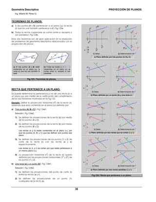 Geometría Descriptiva PROYECCIÓN DE PLANOS
Ing. Alberto M. Pérez G.
36
TEOREMAS DE PLANOS.
a) Si dos puntos (A y B) pertenecen a un plano (α), la recta
(r) que los une también pertenece a él Fig.123a.
b) Todas la rectas coplanares se cortan entre si; excepto si
son paralelas Fig.123b.
Estos dos teoremas son de gran aplicación en la resolución
de problemas de geometría descriptiva relacionados con la
proyección de planos.
a) Si dos puntos (A y B) están
contenidos en un plano (α), la
recta (r) que los une también lo
está
α
r∈α
B∈α
A∈α
a
d
c
b
α
b) Todas las rectas (a; b; c; d...)
contenidas en un plano (α) se
cortan entre sí; excepto si son
paralelas
Fig.123. Teoremas de planos.
RECTA QUE PERTENECE A UN PLANO.
Se puede determinar la pertenencia o nó de una recta (r) a
un plano (α), por medio de la verificación del cumplimiento
de los dos teoremas mostrados en la Fig.123.
Ejemplo: Definir la proyección horizontal (r
h
) de la recta (r),
sabiendo que esta contenida en el plano (α) definido por:
a) Tres puntos (A; B y C) Fig.124a1.
Solución Fig.124a2.
1) Se definen las proyecciones de la recta (a) por medio
de los puntos (A y C).
2) Se definen las proyecciones de la recta (b) por medio
de los puntos (B y C).
Las rectas (a y b) están contenidas en el plano (α), por
que los puntos (A; B; y C) que las definen son puntos ese
plano.
3) Se definen las proyecciones de los puntos (1 y 2) de
corte de la recta (r) con las rectas (a y b)
respectivamente.
Las rectas (a; b; y r) se cortan por que todas pertenecen a
un mismo plano (α).
4) La proyección horizontal (r
h
) de la recta (r) queda
definida por las proyecciones horizontales (1
h
y 2
h
) de
los puntos (1 y 2).
b) Una recta (a) y un punto (A) Fig.124b1.
Solución Fig.124b2.
1) Se definen las proyecciones del punto de corte (Ι)
entre las rectas (a y r).
2) Se definen las proyecciones de un punto (1)
cualquiera de la recta (a).
b) Plano definido por un punto (A) y una recta (a)
c) Plano definido por dos rectas que se cortan (a y b)
d) Plano definido por dos rectas paralelas (a y b)
B
h C
h
r
vB
v
r
h
b
h
C
v
a
h
a
v
b
v
A
h
A
v
1
v
2
h
1
h
2
vr
v
B
h
C
h
B
v
C
v
A
h
A
v
2) Determinación de r
h
1) Datos
α B
C
A
a) Plano definido por tres puntos (A; B y C)
r
h
a
v
a
h
r
v
1
v
b
v
b
h
A
h
1
h
A
v
2) Determinación de r
h
1) Datos
a
v
a
h
r
v
A
v
α
A
h
a
A
r
v
r
h
a
v
b
v
b
h
2) Determinación de r
h
a
h
1) Datos
r
v
a
v
b
v
b
h
α
a
h
b
a
b
h
a
v
b
v
a
h
r
v
r
h
2) Determinación de r
h
1) Datos
a
v
b
v
b
h
a
h
r
v
α
b
a
2
v
Ι
h
2
h
Ι
v
2
v
1
h
2
h
1
v
2
v
1
h
2
h
1
v
Fig.124. Recta que pertenece a un plano.
 