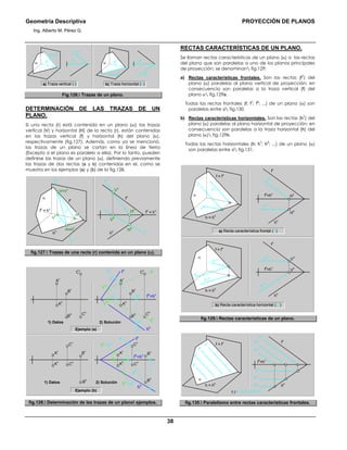 Geometría Descriptiva PROYECCIÓN DE PLANOS
Ing. Alberto M. Pérez G.
38
α f
h
f
v
h = h
h
f = f
v
a) Traza vertical (f) b) Traza horizontal (h)
h
v
h
h
f
h
α h
v
Fig.126. Trazas de un plano.
DETERMINACIÓN DE LAS TRAZAS DE UN
PLANO.
Si una recta (r) está contenida en un plano (α); las trazas
vertical (V) y horizontal (H) de la recta (r), están contenidas
en las trazas vertical (f) y horizontal (h) del plano (α),
respectivamente (fig.127). Además, como ya se mencionó,
las trazas de un plano se cortan en la línea de tierra
(Excepto si el plano es paralelo a ella). Por lo tanto, pueden
definirse las trazas de un plano (α), definiendo previamente
las trazas de dos rectas (a y b) contenidas en el, como se
muestra en los ejemplos (a) y (b) de la fig.128.
f
h
= h
v
h
h
f
v
Vv
Hh
Hv
Vh
rh
rv
α
f
h
= h
v
r
h
r
v
f
v
r
H=H
h
V=V
v
V
h H
v
h
h
fig.127. Trazas de una recta (r) contenida en un plano (α).
B
h C
h
C
v
B
v
A
h
A
v
1) Datos
B
h C
h
C
v
B
v
A
h
V
1h
V
v
V
1v
H
h
H
v
V
h
a
h
b
h
b
v
a
v
fh
=hv
fh
=hv
hh
fv
hh
fv
A
v
2) Solución
Ejemplo (a)
C
h
b
h
// a
h
b
v
// a
v
a
v
a
h
C
v
B
v
A
h
A
v
1) Datos 2) Solución
Ejemplo (b)
C
h
C
v
B
v
A
h
A
v
B
h
B
h
fig.128. Determinación de las trazas de un plano ejemplos.
RECTAS CARACTERÍSTICAS DE UN PLANO.
Se llaman rectas características de un plano (α) a las rectas
del plano que son paralelas a uno de los planos principales
de proyección; se denominan fig.129:
a) Rectas características frontales. Son las rectas (f
1
) del
plano (α) paralelas al plano vertical de proyección; en
consecuencia son paralelas a la traza vertical (f) del
plano α fig.129a.
Todas las rectas frontales (f; f
1
; f
2
; ...) de un plano (α) son
paralelas entre sí fig.130.
b) Rectas características horizontales. Son las rectas (h
1
) del
plano (α) paralelas al plano horizontal de proyección; en
consecuencia son paralelas a la traza horizontal (h) del
plano (α) fig.129b.
Todas las rectas horizontales (h; h
1
; h
2
; ...) de un plano (α)
son paralelas entre sí fig.131.
f
h
=h
v
h
h
f
v
H
h
H
v
f
1h
f
1v
a) Recta característica frontal (f
1
)
α
h = h
h
f = f
v
f
1h
f
1
f
1v
f
h
=h
v
h
h
f
v
V
V
V
h
h
1v
h
1h
α
h = h
h
f = f
v
h
1h
h
1
h
1v
b) Recta característica horizontal (h
1
)
fig.129. Rectas características de un plano.
f // f
1
// f
2
// f
3
// f
4
...
α
h = h
h
f = f
v
f
2
f
1
f
3
f
4
f
h
=h
v
h
h
f
v
f
1v
f
1h
f
3v
f
2v
f
3h
f
2h
fig.130. Paralelismo entre rectas características frontales.
 