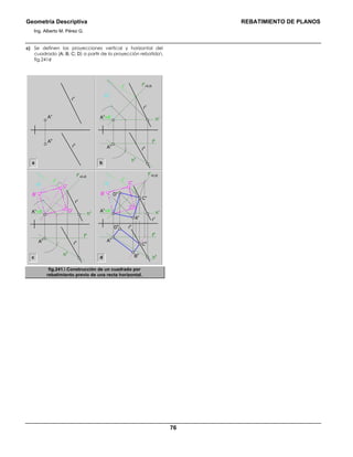 Geometría Descriptiva REBATIMIENTO DE PLANOS
Ing. Alberto M. Pérez G.
76
c) Se definen las proyecciones vertical y horizontal del
cuadrado (A; B; C; D) a partir de la proyección rebatida
fig.241d
Cv
c
a b
d
rv
rh
Ah
Av
fv
=EJE
hr
hv
hh
fh
rr
rv
rhAh
Av
=Ar
rr
Cr
fv
=EJE
Dr
Br
hv
hh
fh
rv
rhAh
Av
=Ar
hr
rr
Cr
fv
=EJE
Dr
Br
hv
hh
fh
Dv
Dh
Bh
Ch
rvB
v
rh
Ah
Av
=Ar
hr
fig.241. Construcción de un cuadrado por
rebatimiento previo de una recta horizontal.
 