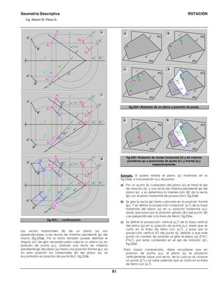 Geometría Descriptiva ROTACIÓN
Ing. Alberto M. Pérez G.
81
A1
h
A1
h
B1
h
α
v
α
h
Bh
Ah
Bv
Av
α1
h
ph
pv
A1
v
B1
v
B2
h
B2
v
A2
h
A2
v
vh
e
g
A1
v
A2
v
B1
h
C1
v
C2
h
D2
h
C2
v
D2
v
C1
h
D1
h
D1
v
A1
h
α
v
α
h
Bh
Ah
Bv
Av
α1
h
ph
pv
B1
v
B2
h
B2
v
A2
h
α1
v
=vv
vh
B1
h
C1
v
C2
h
D2
h
C2
v
D2
v
C1
h
D1
h
D1
v
α
v
α
h
Bh
Ah
Bv
Av
α1
h
ph
pv
A1
v
B1
v
B2
h
fh
fv
f1h
f1v
A2
v
B2
v
A2
h
α1
v
=vv
vh
Dh
Ch
C
v
Dv
f
C2
v
D2
v
α1
v
=vv
fig.253. ... continuación.
Las rectas horizontales (h) de un plano (α) son
perpendiculares a las rectas de máxima pendiente (p) del
mismo (fig.255a). Por lo tanto también puede definirse el
ángulo (αο
) de giro necesario para colocar un plano (α) en
posición de punta (α1), rotando una recta de máxima
pendiente (p) del plano (α) hasta una posición frontal (p1); ya
en esta posición las horizontales (h) del plano (α), se
encontrarán en posición de punta (h1) fig.255b.
v
α
h
α
v
PV
PH
a
α
Ι
h
v
α
α
h
α
v
PV
PH
b
α
h
α
v
PV
PH
c α1
v
α1
α
α1
h
Ι h
d
α
h
α
v
PV
PH
αο
α
Ι
h1
h
v
h1
αο
αο
fig.254. Rotación de un plano a posición de punta.
v
α
h
α
v
PV
PH
a
α1
v
α1
α
α1
h
Ι
h
b
α
h
α
v
PV
PH
αοα
Ι
h
v
h1
αο
p
p1
fig.255. Rotación de rectas horizontal (h) y de máxima
pendiente (p) a posiciones de punta (h1) y frontal (p1),
respectivamente.
Ejemplo: Si quiere rotarse el plano (α) mostrado en la
fig.256a, a una posición (α1) de punta:
a) Por un punto (Ι) cualquiera del plano (α) se traza el eje
de rotación (v), y una recta de máxima pendiente (p) del
plano (α); y se determina la intersección (X) de la recta
(p) con el plano horizontal de proyección fig.256b.
b) Se gira la recta (p) hasta colocarla en la posición frontal
(p1). Y se define la proyección horizontal (α1
h
) de la traza
horizontal del plano (α) en su posición horizontal (α1);
dado que pasa por la posición girada (X1) del punto (X)
y es perpendicular a la línea de tierra fig.256c.
c) Se define la proyección vertical (α1
v
) de la traza vertical
del plano (α) en su posición de punta (α1); dado que se
corta en la línea de tierra con (α1
h
), y pasa por la
proyección vertical (Ι
v
) del punto (Ι), debido a que este
punto no cambia de posición al girar el plano (α) (Ι
v
=Ι1
v
;
Ι
h
=Ι1
h
), por estar contenido en el eje de rotación (v)
fig.256d.
Para mayor comprensión, debe recordarse que en
posición de punta (α1), el plano (α) se proyecta
verticalmente sobre una recta, de la cual ya se conoce
un punto (Ι1
v
) y se sabe además que se corta en la línea
de tierra con (α1
h
).
 