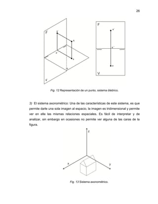 26
Fig. 12 Representación de un punto, sistema diédrico.
3) El sistema axonométrico: Una de las características de este sistema, es que
permite darle una sola imagen al espacio, la imagen es tridimensional y permite
ver en ella las mismas relaciones espaciales. Es fácil de interpretar y de
analizar, sin embargo en ocasiones no permite ver alguna de las caras de la
figura.
Fig. 13 Sistema axonométrico.
 