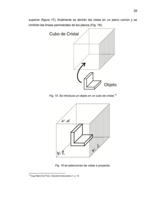 28
superior (figura 17), finalmente se abrirán las vistas en un plano común y se
omitirán las líneas perimetrales de los planos (Fig. 18).
Fig. 15. Se introduce un objeto en un cubo de cristal.10
Fig. 16 se seleccionan las vistas a proyectar.
10
Hugo Mario Diz Finck, Geometría Descriptiva 1, p. 15.
 