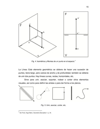 15 
Fig. 4. Isométrica y Montea de un punto en el espacio.7 
La Línea: Este elemento geométrico se obtiene de hacer una sucesión de puntos, tiene largo, pero carece de ancho y de profundidad, también se obtiene de unir dos puntos. Hay líneas curvas, rectas, horizontales, etc. 
Sirve para unir, asociar, soportar, rodear o cortar otros elementos visuales, así como para definir las aristas o para dar forma a los planos. 
Fig. 5. Unir, asociar, cortar, etc. 
7 Diz Finck, Hugo Mario, Geometría Descriptiva 1, p. 34. 
 