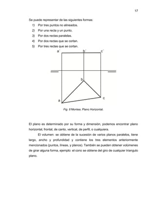 17 
Se puede representar de las siguientes formas: 
1) Por tres puntos no alineados. 
2) Por una recta y un punto. 
3) Por dos rectas paralelas. 
4) Por dos rectas que se cortan. 
5) Por tres rectas que se cortan. 
Fig. 8 Montea. Plano Horizontal. 
El plano es determinado por su forma y dimensión, podemos encontrar plano horizontal, frontal, de canto, vertical, de perfil, o cualquiera. 
El volumen: se obtiene de la sucesión de varios planos paralelos, tiene largo, ancho y profundidad y contiene los tres elementos anteriormente mencionados (puntos, líneas, y planos). También se pueden obtener volúmenes de girar alguna forma, ejemplo: el cono se obtiene del giro de cualquier triangulo plano.  