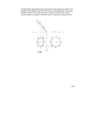 118
Na figura 80-b é apresentada a épura representativa das projeções do círculo. Tais
projeções foram obtidas a partir da VG do círculo, determinada após uma rotação
efetuada no ponto (O) em torno de um eixo vertical coincidente com o traço
vertical do plano (), quando a superfície de () se superpôs à superfície de (’).
 