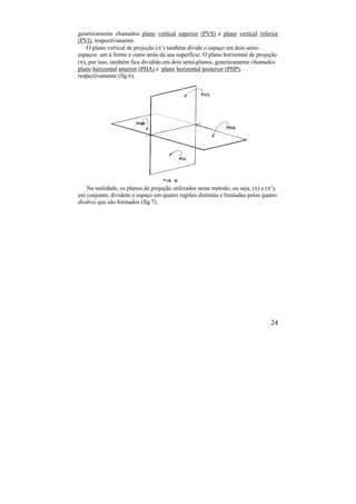 24
genericamente chamados plano vertical superior (PVS) e plano vertical inferior
(PVI), respectivamente.
O plano vertical de projeção (‘) também divide o espaço em dois semi-
espaços: um à frente e outro atrás da sua superfície. O plano horizontal de projeção
(), por isso, também fica dividido em dois semi-planos, genericamente chamados
plano horizontal anterior (PHA) e plano horizontal posterior (PHP),
respectivamente (fig.6).
Na realidade, os planos de projeção utilizados neste método, ou seja, () e (‘),
em conjunto, dividem o espaço em quatro regiões distintas e limitadas pelos quatro
diedros que são formados (fig.7).
 