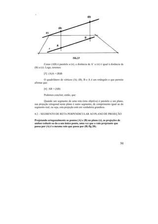 50
Como (AB) é paralelo a (), a distância de A’ a () é igual à distância de
(B) a (). Logo, teremos:
[5] (A)A = (B)B
O quadrilátero de vértices (A), (B), B e A é um retângulo o que permite
afirmar que:
[6] AB = (AB)
Podemos concluir, então, que:
Quando um segmento de uma reta (reta objetiva) é paralelo a um plano,
sua projeção ortogonal neste plano é outro segmento, de comprimento igual ao do
segmento real, ou seja, esta projeção está em verdadeira grandeza.
4.2 – SEGMENTO DE RETA PERPENDICULAR AO PLANO DE PROJEÇÃO
Projetando ortogonalmente os pontos (A) e (B) no plano (), as projeções de
ambos reduzir-se-ão a um único ponto, uma vez que o raio projetante que
passa por (A) é o mesmo raio que passa por (B) fig 28).
 