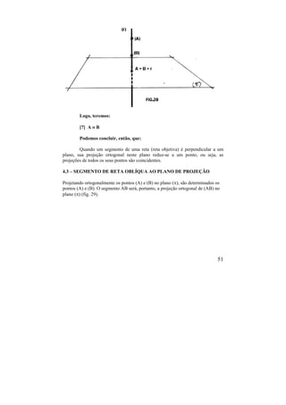 51
Logo, teremos:
[7] A  B
Podemos concluir, então, que:
Quando um segmento de uma reta (reta objetiva) é perpendicular a um
plano, sua projeção ortogonal neste plano reduz-se a um ponto, ou seja, as
projeções de todos os seus pontos são coincidentes.
4.3 – SEGMENTO DE RETA OBLÍQUA AO PLANO DE PROJEÇÃO
Projetando ortogonalmente os pontos (A) e (B) no plano (), são determinados os
pontos (A) e (B). O segmento AB será, portanto, a projeção ortogonal de (AB) no
plano () (fig. 29).
 