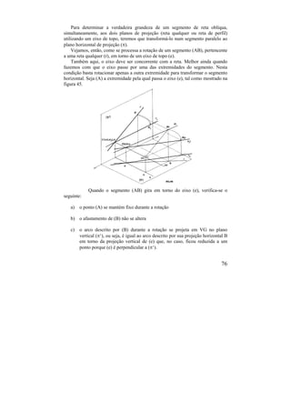 76
Para determinar a verdadeira grandeza de um segmento de reta oblíqua,
simultaneamente, aos dois planos de projeção (reta qualquer ou reta de perfil)
utilizando um eixo de topo, teremos que transformá-lo num segmento paralelo ao
plano horizontal de projeção ().
Vejamos, então, como se processa a rotação de um segmento (AB), pertencente
a uma reta qualquer (r), em torno de um eixo de topo (e).
Também aqui, o eixo deve ser concorrente com a reta. Melhor ainda quando
fazemos com que o eixo passe por uma das extremidades do segmento. Nesta
condição basta rotacionar apenas a outra extremidade para transformar o segmento
horizontal. Seja (A) a extremidade pela qual passa o eixo (e), tal como mostrado na
figura 45.
Quando o segmento (AB) gira em torno do eixo (e), verifica-se o
seguinte:
a) o ponto (A) se mantém fixo durante a rotação
b) o afastamento de (B) não se altera
c) o arco descrito por (B) durante a rotação se projeta em VG no plano
vertical (‘), ou seja, é igual ao arco descrito por sua projeção horizontal B
em torno da projeção vertical de (e) que, no caso, ficou reduzida a um
ponto porque (e) é perpendicular a (‘).
 