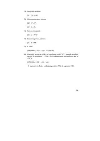84
1) Faz-se inicialmente:
[81] (A)  (A1)
2) Consequentemente teremos:
[82] A’ A’1
[83] A  A1
3) Faz-se, em seguida:
[84] e’  A’B’
4) Em conseqüência, teremos:
[85] B’  O’
5) E ainda:
[ 86] OB = y (B) – y (e) = VG de (OB)
6) Concluída a rotação, (AB) se transforma em (A’1B’1), paralela ao plano
vertical de projeção ( ‘) e OB’1 fica, evidentemente, perpendicular a e’ 
A’B’ e:
[ 87] OB’1 = OB = y (B) – y (e)
O segmento A’1B’1 é a verdadeira grandeza (VG) do segmento (AB).
 