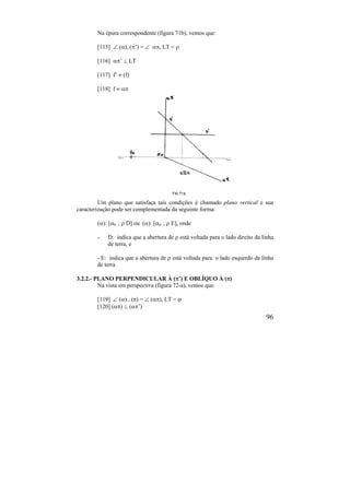 96
Na épura correspondente (figura 71b), vemos que:
[115]  (), (’) =  , LT = 
[116] ’  LT
[117] f’  (f)
[118] f  
Um plano que satisfaça tais condições é chamado plano vertical e sua
caracterização pode ser complementada da seguinte forma:
(): [0 ;  D] ou (): [0 ;  E], onde
- D: indica que a abertura de  está voltada para o lado direito da linha
de terra, e
- E: indica que a abertura de  está voltada para o lado esquerdo da linha
de terra
3.2.2.- PLANO PERPENDICULAR À (’) E OBLÍQUO À ()
Na vista em perspectiva (figura 72-a), vemos que:
[119]  () , () =  (), LT = 
[120] ()  (’)
 