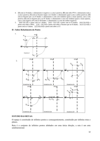 4.     (A) está no II diedro: o afastamento é negativo e a cota é positiva; (B) está sobre PVS: o afastamento nulo e
          a cota é positiva; (C) está no bissetor impar e no I diedro: o afastamento igual a cota e ambos positivos; (D)
          está no bissetor par e no II diedro: o afastamento e cota com módulos iguais e sinais opostos, com a cota
          positiva; (E) está no bissetor par e no IV diedro: o afastamento e cota com módulos iguais e sinais opostos,
          com a cota negativa; (F) está no III diedro: o afastamento e a cota são ambos negativos.
   5.       (8,0; 5,0; 2,0) o ponto está no I diedro; (6,0; − 2,0; 1,0) o ponto está no II diedro; (4,0; 3,0; 0,0) o
          ponto está sobre o PHA; (1,0; − 3,0; 3,0) o ponto está sobre o bissetor par no II diedro; (6,5; 5,5; 4,0) o
          ponto está no I diedro; (2,5; 0,0; 0,0) o ponto está sobre a LT.

II - Sobre Rebatimento do Ponto:
   1.




     2.




ESTUDO DAS RETAS:
O espaço é constituído de infinitos pontos e consequentemente, constituído por infinitas retas e
planos.
Reta é o conjunto de infinitos pontos alinhados em uma única direção, a reta é um ente
unidimensional.

                                                                                                                     12
 