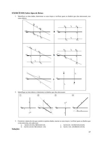 EXERCÍCIOS Sobre tipos de Retas:
   1.   Identificar as retas dadas, determinar os seus traços e verificar quais os diedros que elas atravessam, nos
        casos abaixo.




   2.   Identifique as retas abaixo e determine os diedros que elas atravessam:




   3.   Construir a épura da reta que contém os pontos dados, marcar os seus traços e verificar quais os diedros que
        a reta atravessa, em cada caso:
             a. A(4,0;1,0;3,0) e B(9,0;4,0;3,0).                      c. A(3,0;2,0;–1,0) B(10,0;2,0;4,0).
             b. A(5,0;1,0;3,0) B(12,0;6,0;–1,0).                      d. A(2,0;–3,0;–2,0) B(8,0;1,0;5,0).
Soluções:
                                                                                                                 17
 