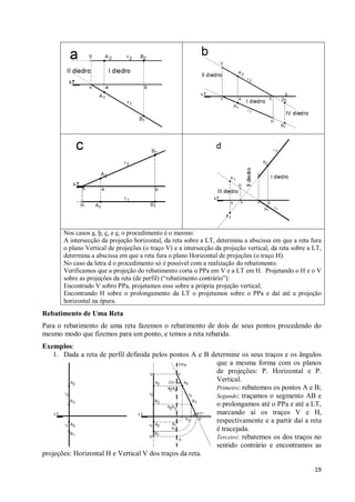 Nos casos a, b, c, e e, o procedimento é o mesmo:
       A intersecção da projeção horizontal, da reta sobre a LT, determina a abscissa em que a reta fura
       o plano Vertical de projeções (o traço V) e a intersecção da projeção vertical, da reta sobre a LT,
       determina a abscissa em que a reta fura o plano Horizontal de projeções (o traço H).
       No caso da letra d o procedimento só é possível com a realização do rebatimento.
       Verificamos que a projeção do rebatimento corta o PPa em V e a LT em H. Projetando o H e o V
       sobre as projeções da reta (de perfil) (“rebatimento contrário”):
       Encontrado V sobro PPa, projetamos esse sobre a própria projeção vertical;
       Encontrando H sobre o prolongamento da LT o projetamos sobre o PPa e daí até a projeção
       horizontal na épura.
Rebatimento de Uma Reta
Para o rebatimento de uma reta fazemos o rebatimento de dois de seus pontos procedendo do
mesmo modo que fizemos para um ponto, e temos a reta rebatida.
Exemplos:
    1. Dada a reta de perfil definida pelos pontos A e B determine os seus traços e os ângulos
                                                           que a mesma forma com os planos
                                                           de projeções: P. Horizontal e P.
                                                           Vertical.
                                                           Primeiro: rebatemos os pontos A e B;
                                                           Segundo: traçamos o segmento AB e
                                                           o prolongamos até o PPa e até a LT,
                                                           marcando aí os traços V e H,
                                                           respectivamente e a partir daí a reta
                                                           é tracejada.
                                                           Terceiro: rebatemos os dos traços no
                                                           sentido contrário e encontramos as
projeções: Horizontal H e Vertical V dos traços da reta.

                                                                                                       19
 